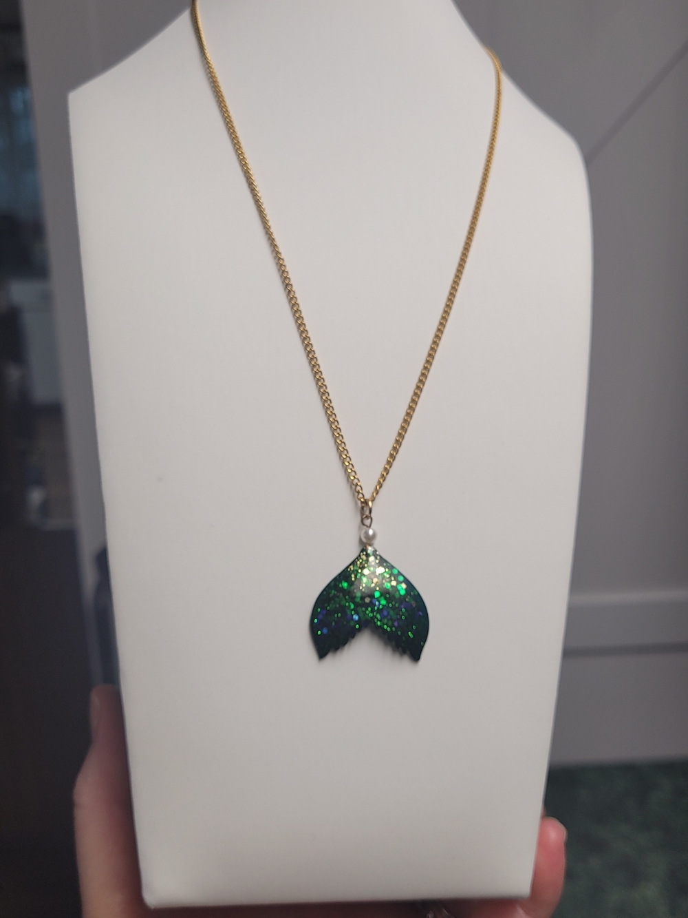 Hand Crafted Gold-tone Necklace with Green and Blue Glitter Mermaid Tail